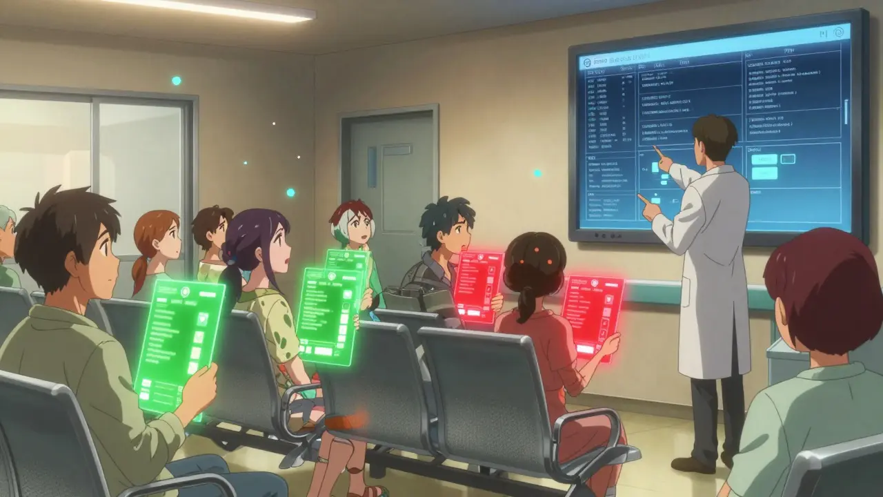 Patients in a hospital holding digital biomarker reports, some glowing green, others red, with a doctor pointing to a matching algorithm screen.