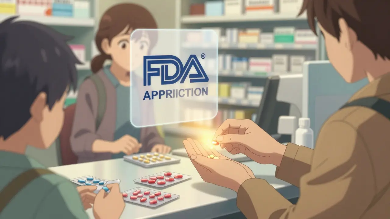 Patients receiving generic pills at a pharmacy, each pill radiating golden light under an FDA approval stamp.