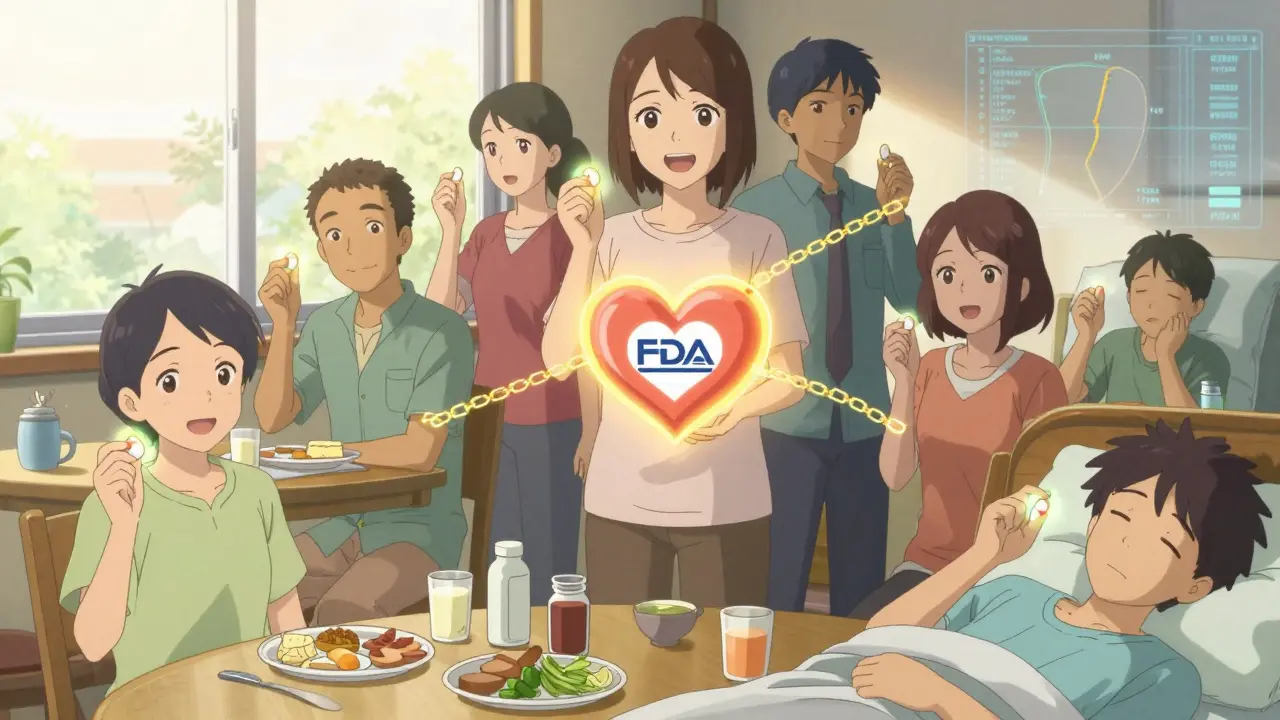 Patients taking generic pills that glow in sync with brand drugs, symbolizing trusted equivalence.