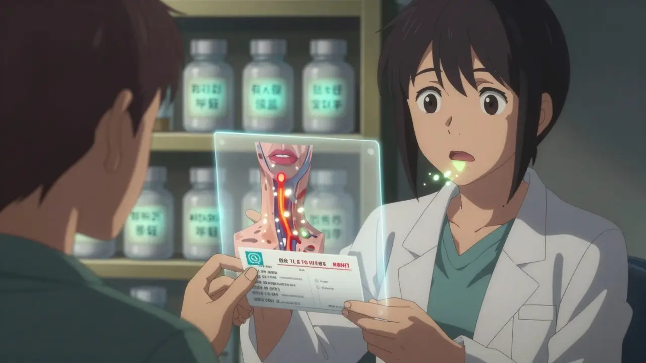 Pharmacist handing prescription with transparent allergen pathways in bloodstream, anime style.
