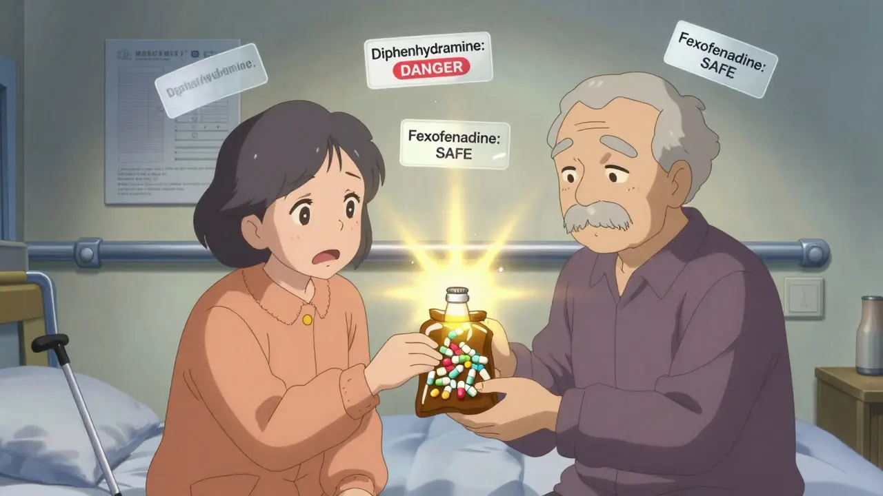 Pharmacist helping elderly couple replace risky meds with safe alternatives, glowing labels showing change.