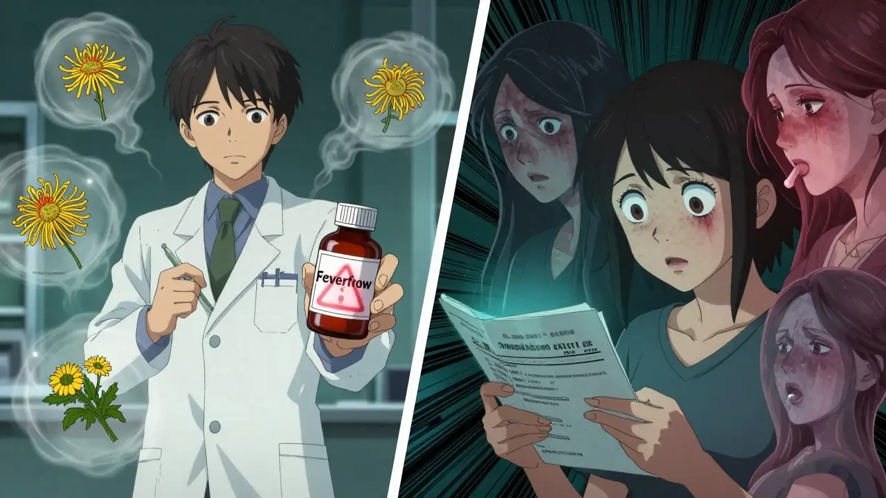 Pharmacist holding feverfew supplement bottle while hidden ingredients and patient's symptoms appear as ghostly overlays.