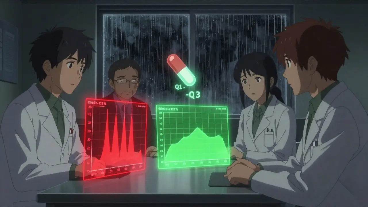 Scientists reviewing holographic blood graphs with one failing the narrow therapeutic index range.