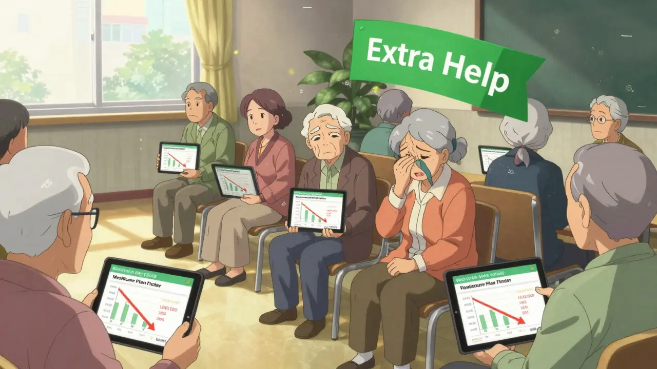 Seniors in a community center using tablets to see their drug costs drop with Extra Help.