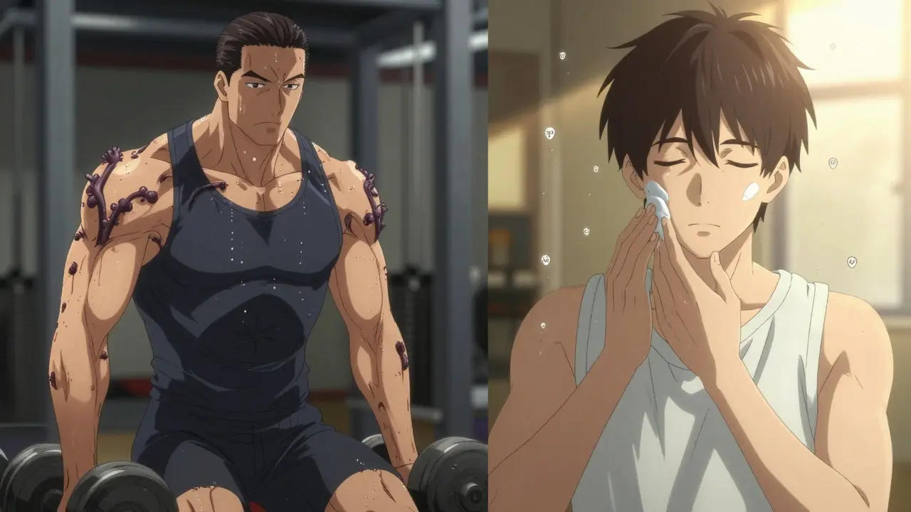 Split scene: bodybuilder sweating with fungal growth vs healed person applying moisturizer in sunlight.