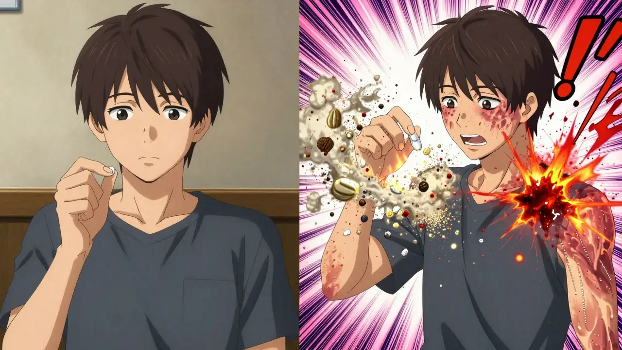 Split scene: brand-name pill vs generic pill releasing hidden allergens causing hives, anime style.