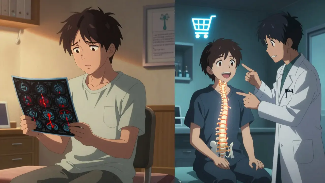 Split scene: patient confused by vascular test on left, enlightened by spinal diagnosis on right with shopping cart symbol.