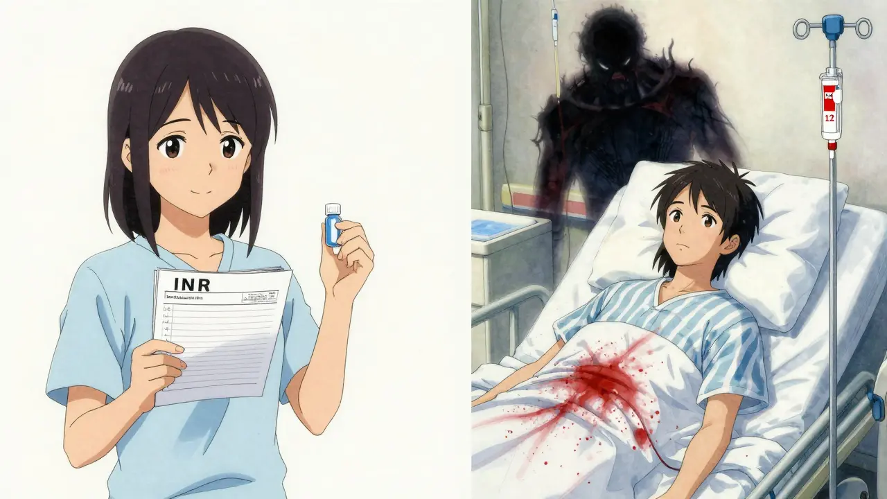 Split scene: patient safe with safe antibiotics vs. same patient in hospital with INR at 12 and bleeding, shadowy TMP-SMX figure looming.