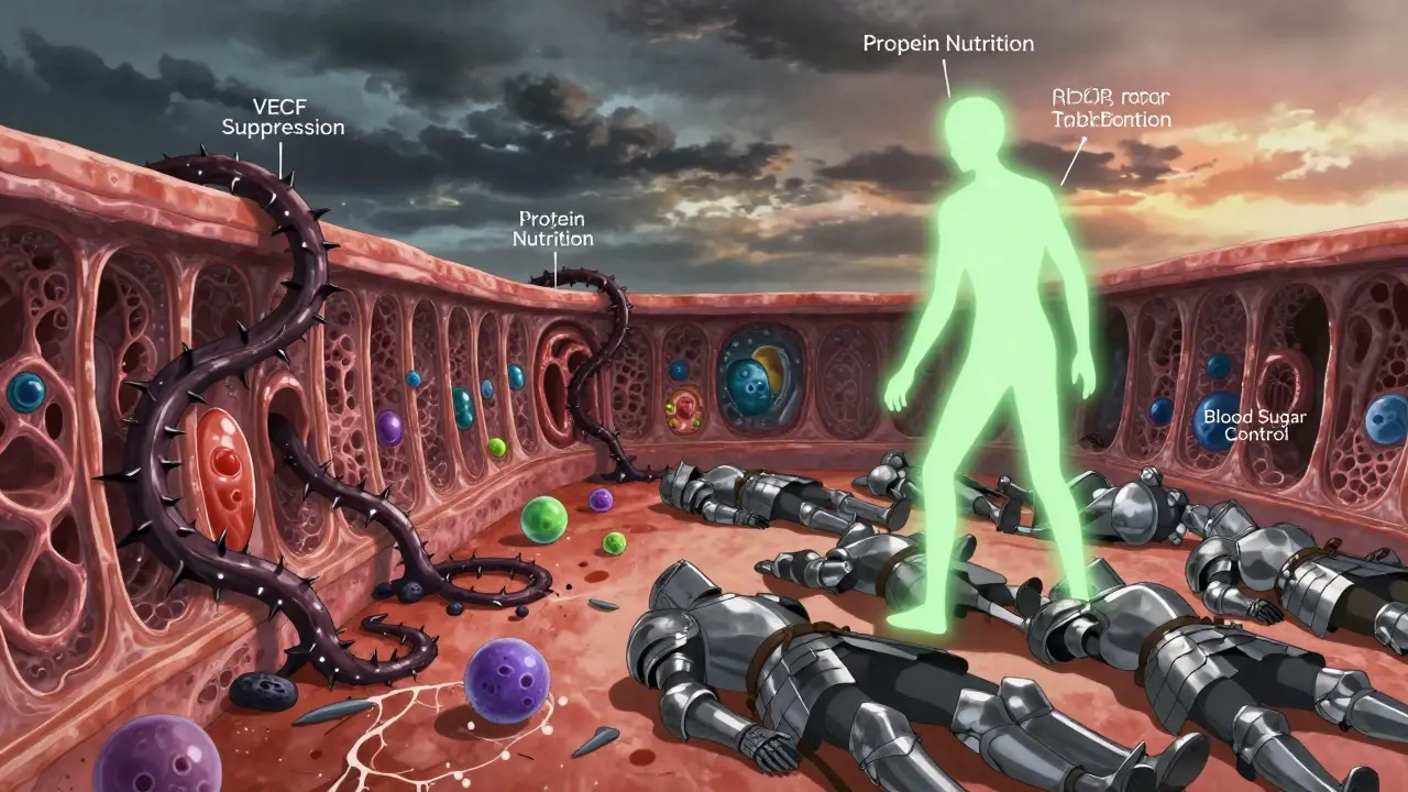Symbolic battle inside tissue between healing cells and sirolimus suppression vines.