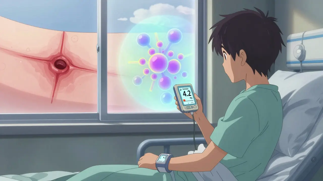 Transplant patient monitoring sirolimus levels as time-lapse healing occurs outside the window.