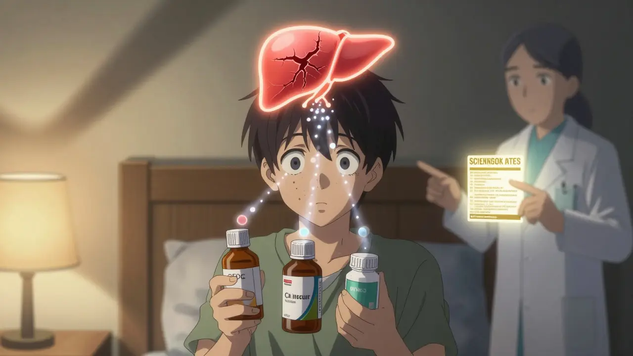 Young adult surrounded by floating acetaminophen molecules forming a damaged liver.