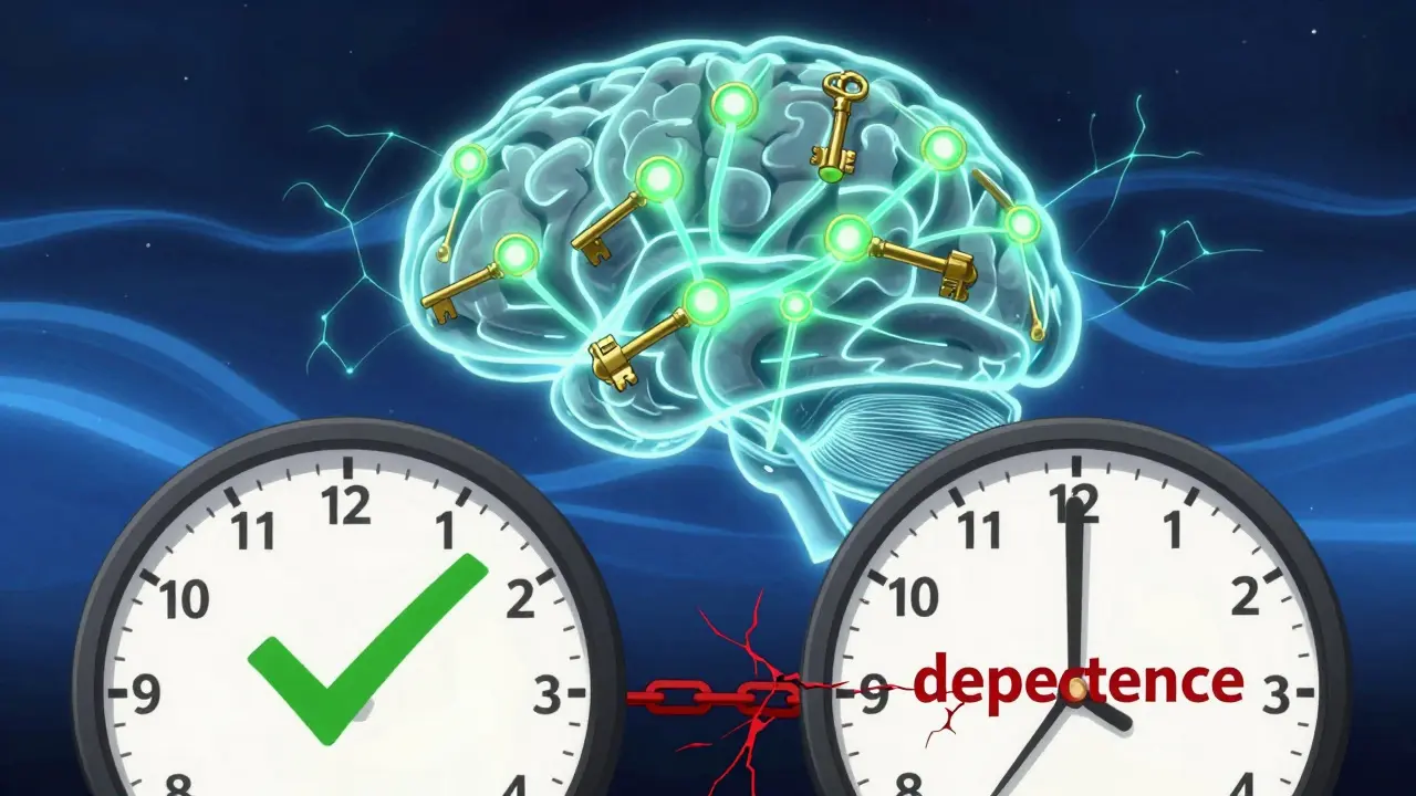 A glowing brain with GABA receptors being activated by benzodiazepine molecules, contrasting short-term relief against long-term dependence.