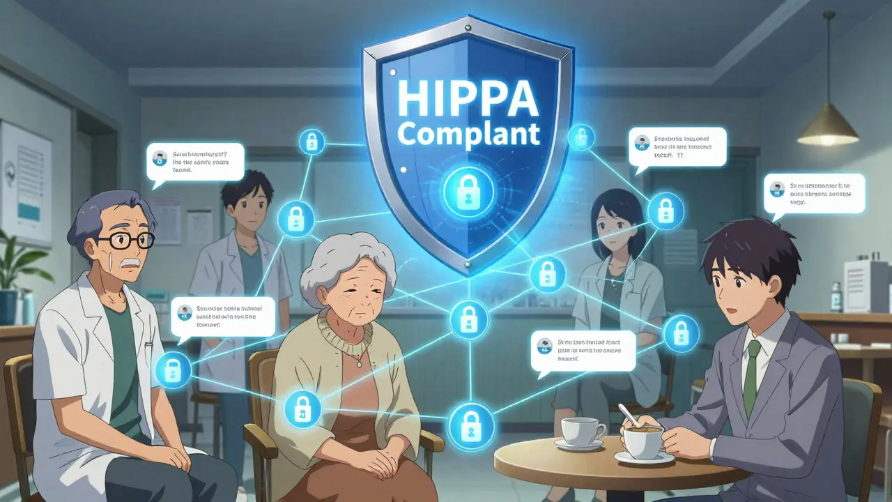 A network of secure messaging connections between diverse patients, protected by a glowing HIPAA-compliant shield.