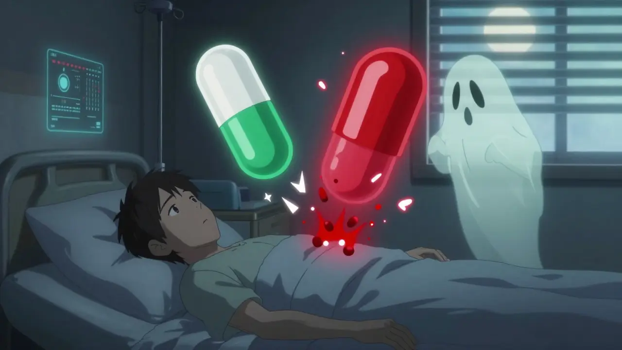 A patient above which two versions of a drug capsule show contrasting release patterns—one smooth, one dangerously sudden.