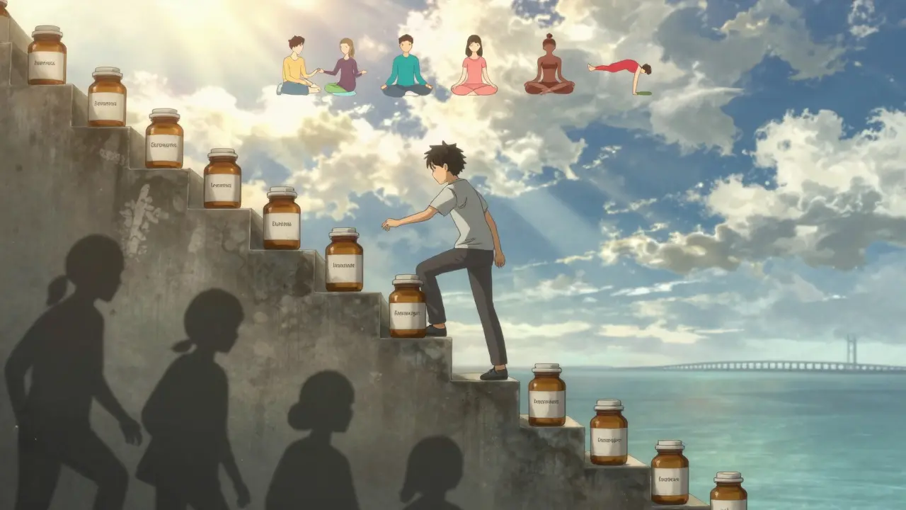 A person climbing stairs made of pill bottles toward sunlight and therapy symbols, leaving behind shadows of past dependence.