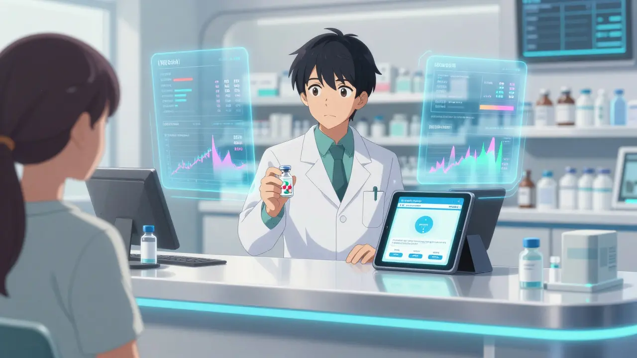 A pharmacist dispensing medication alongside a preloaded digital therapeutic tablet, with floating health data streams in the background.