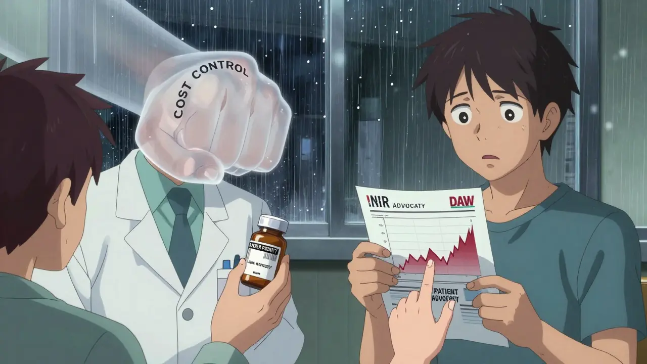 A pharmacist hands a pill bottle while a patient later holds a blood test with a spiked INR graph, symbolizing insurance-driven switches.