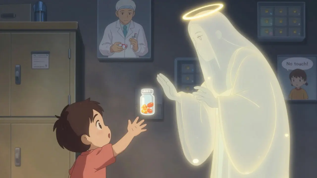 A toddler’s hand reaches for a candy-shaped pill, blocked by a glowing guardian made of lockboxes.