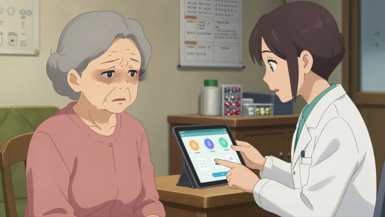 An elderly woman struggling with a complex app interface, while a healthcare navigator helps her use a simplified version with large icons.