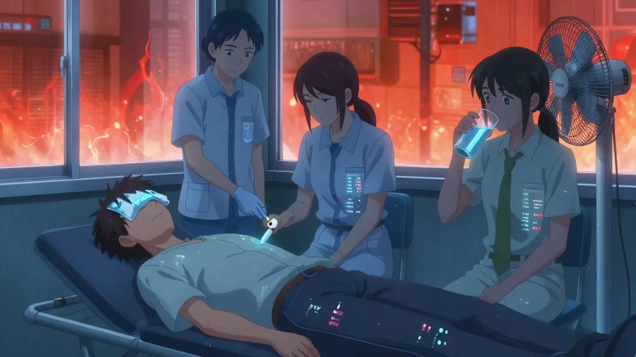 Diverse individuals in a cooling station receiving care, with cool light contrasting hot outside environment.