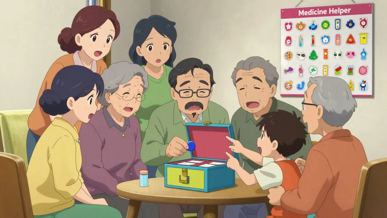 Grandparents and parents together open a safe medicine lockbox while a child celebrates with a sticker chart.