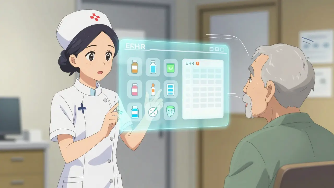 Nurse guiding a patient through a floating EHR interface with calming visual cues.