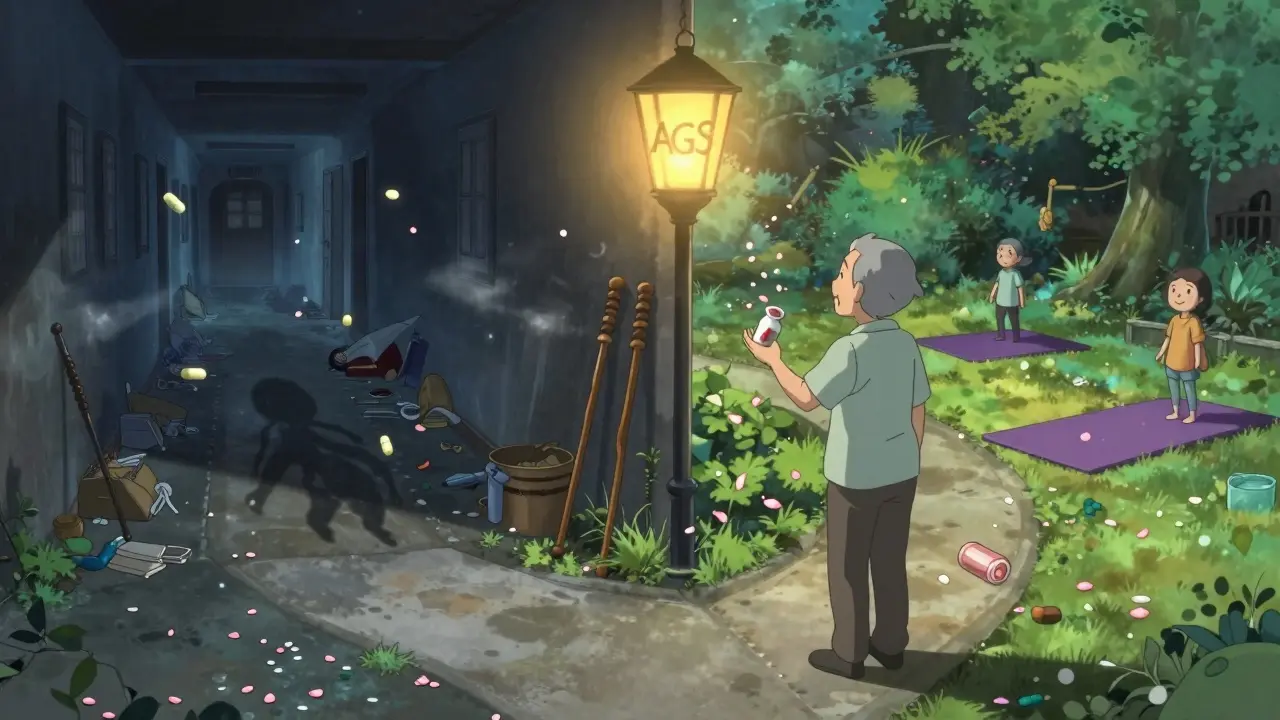 Older adult choosing a bright path away from dangerous pills toward a peaceful garden.