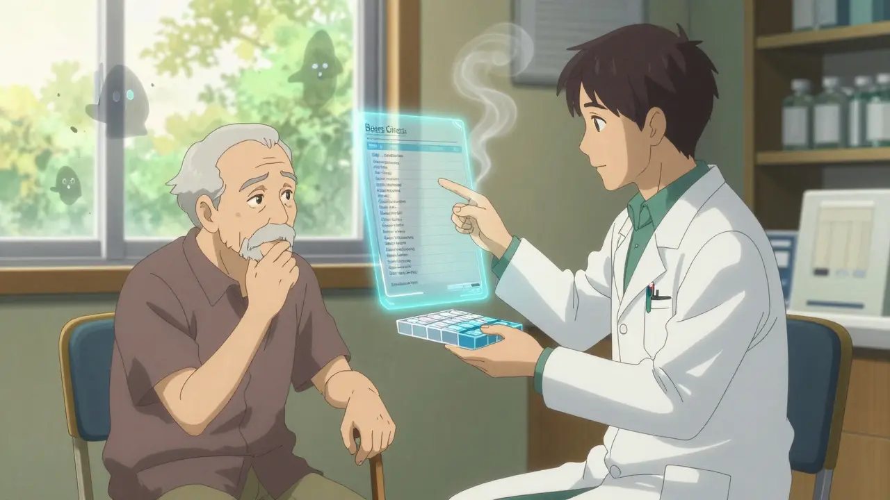 Pharmacist and elderly man reviewing medications with a holographic Beers Criteria list.