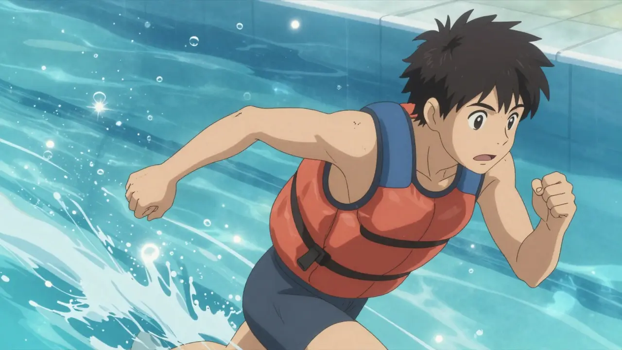 Runner using buoyancy belt for pool running with water splashes.