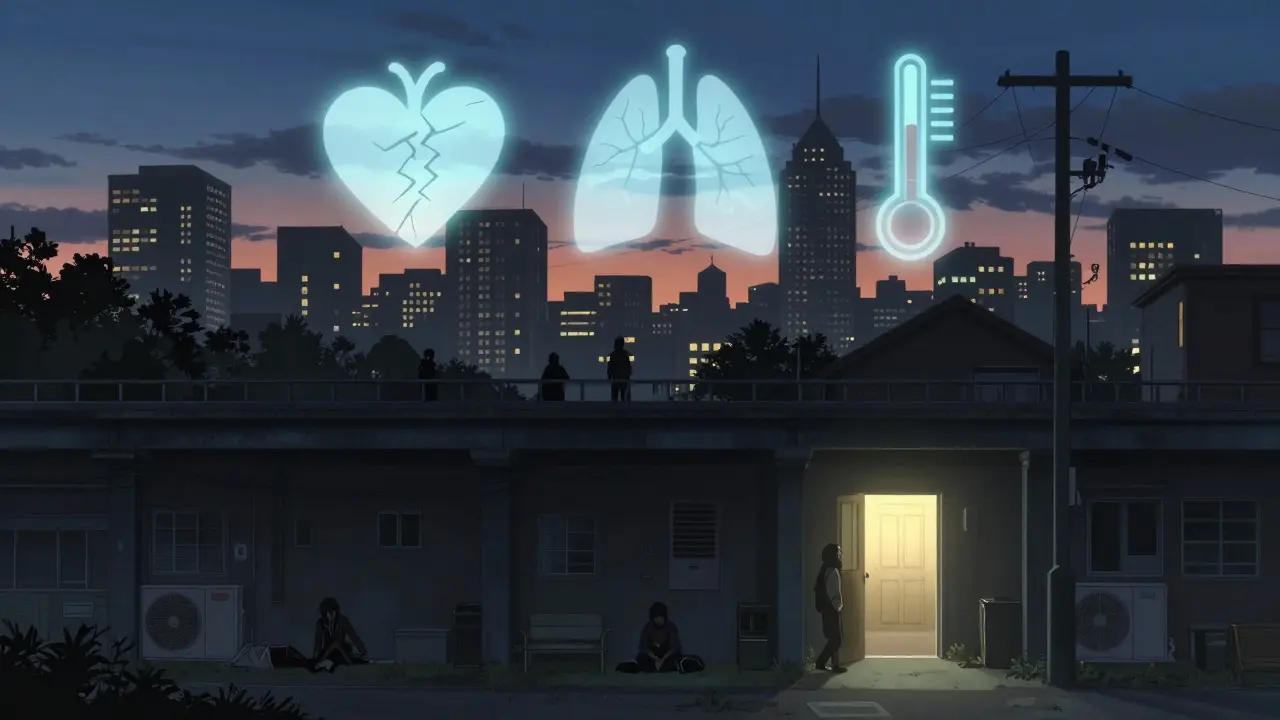 Silhouettes of unhoused people under city bridges, with glowing health icons above, a warm library in distance.