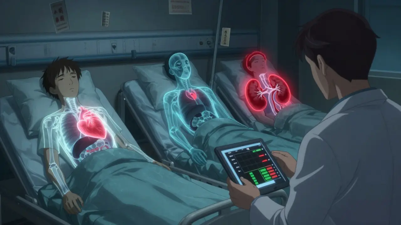 Three patients in a hospital bed with internal organ overlays showing drug level imbalances from NTI medications.