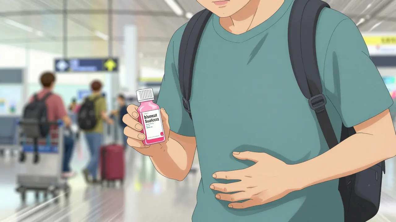Traveler at airport using bismuth subsalicylate for diarrhea
