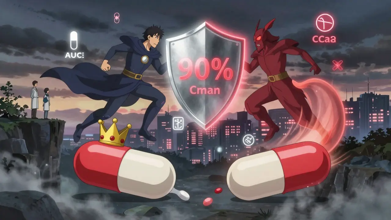 Two pills dissolving in a stomach landscape as warrior spirits battle over bioequivalence.