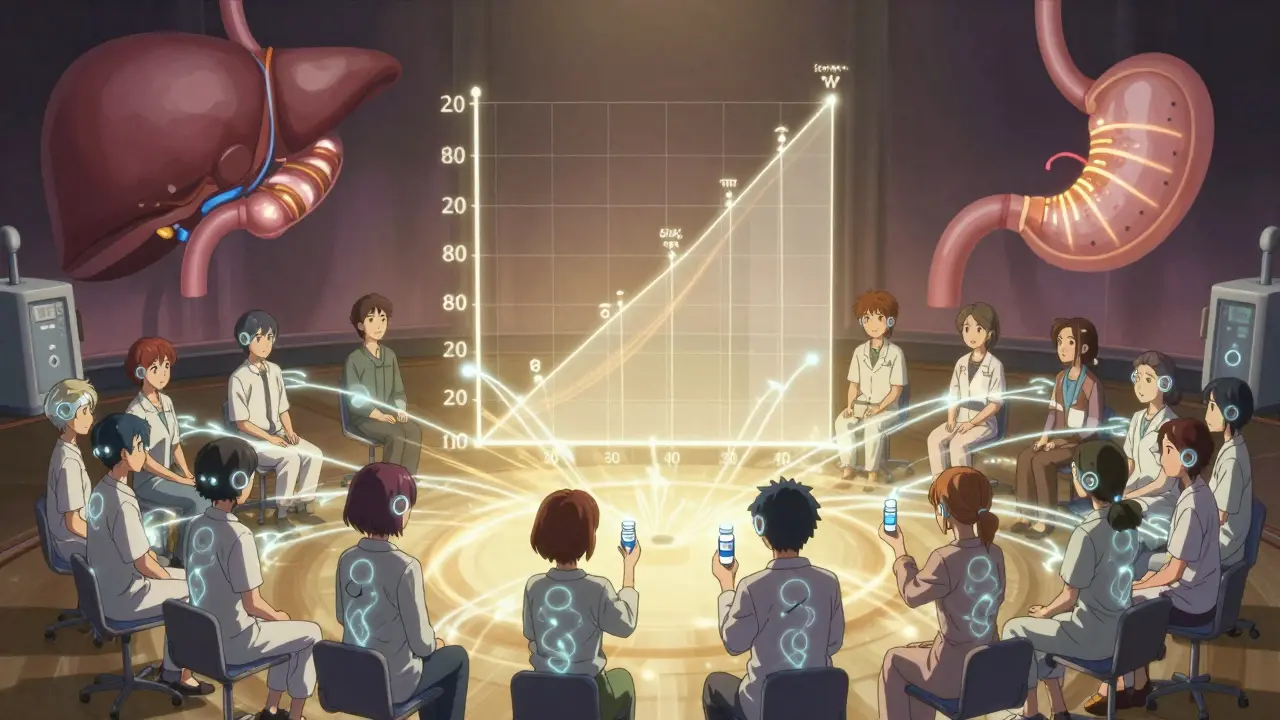 Volunteers in a circular lab connected by glowing light trails to a bioequivalence graph.