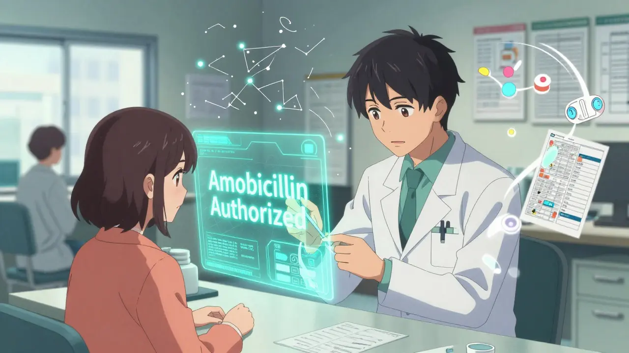 A pharmacist performs a rapid strep test with a holographic state protocol interface displaying authorized medication.