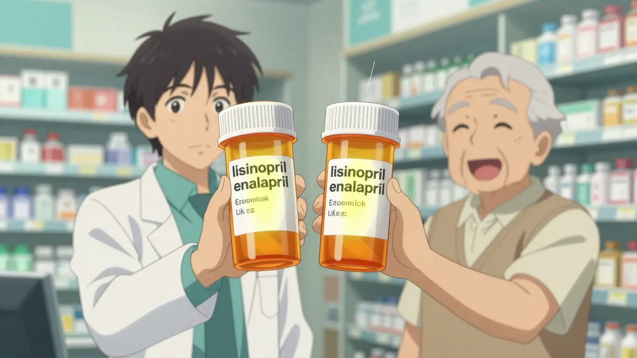 A pharmacist showing an elderly patient two similar prescriptions, with transparent drug names overlapping, in a bright pharmacy.