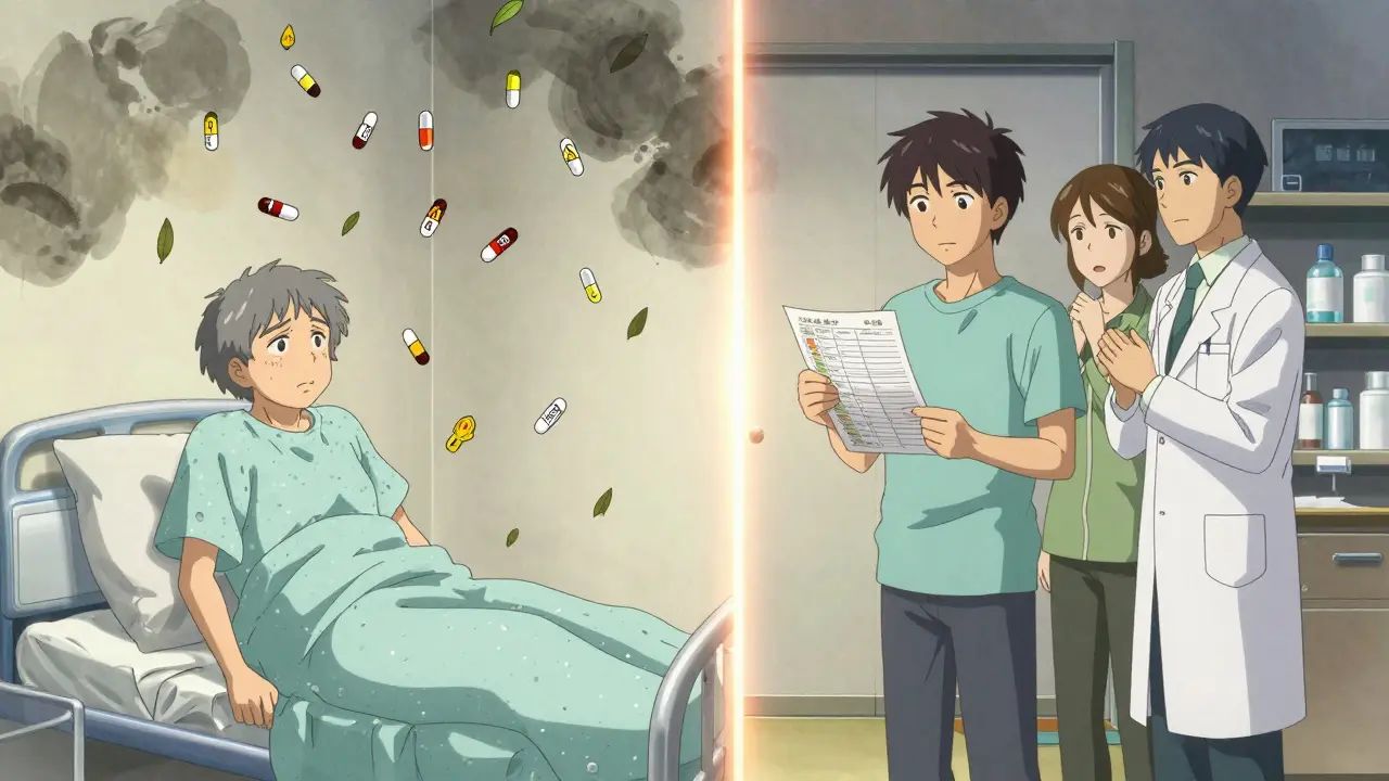 A senior surrounded by dangerous duplicate pills on one side, confidently holding a medication list on the other, connected by a glowing bridge.