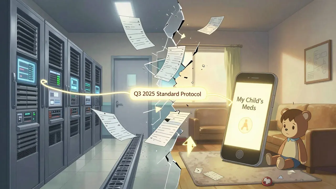 A symbolic bridge connects hospital and home medication systems, with a glowing thread representing future data integration between them.