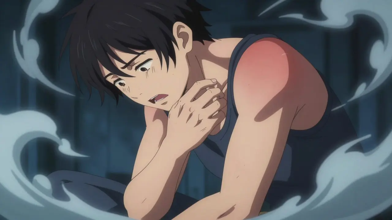 Character pressing hand to throat with visible red rash on arm