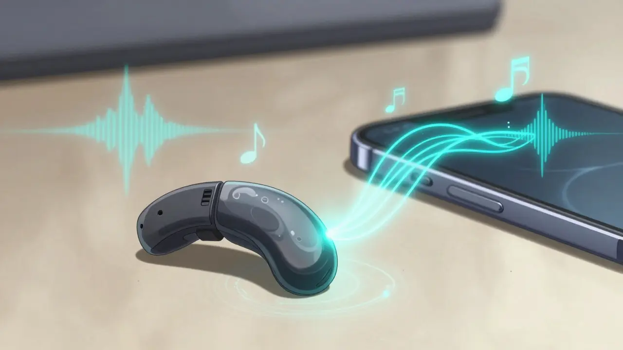 Close-up of hearing aid connecting to smartphone with digital sound waves.