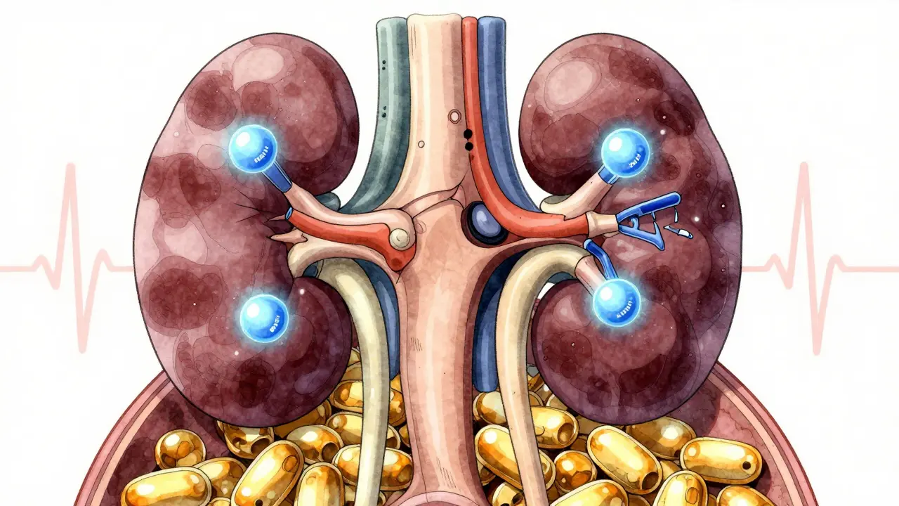 Cross-section of kidneys blocking sodium while potassium builds up in blood, glowing with scientific detail.