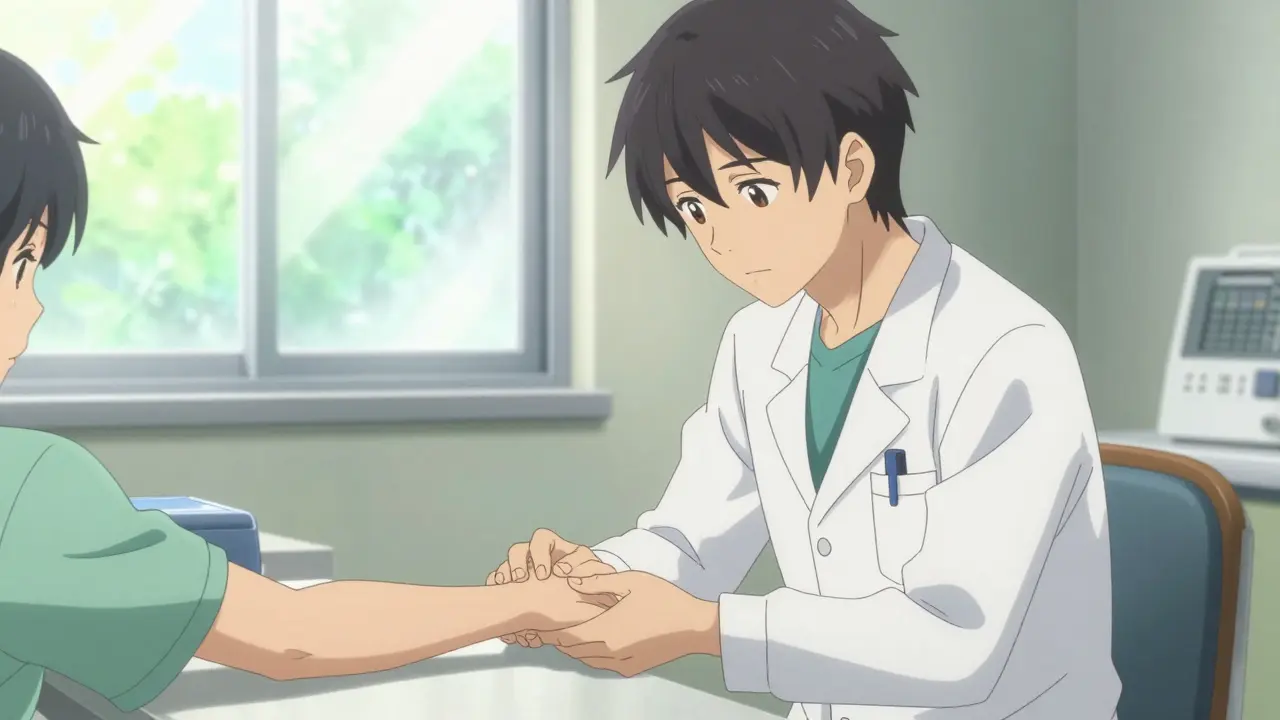 Doctor performing examination on patient forearm in bright clinic