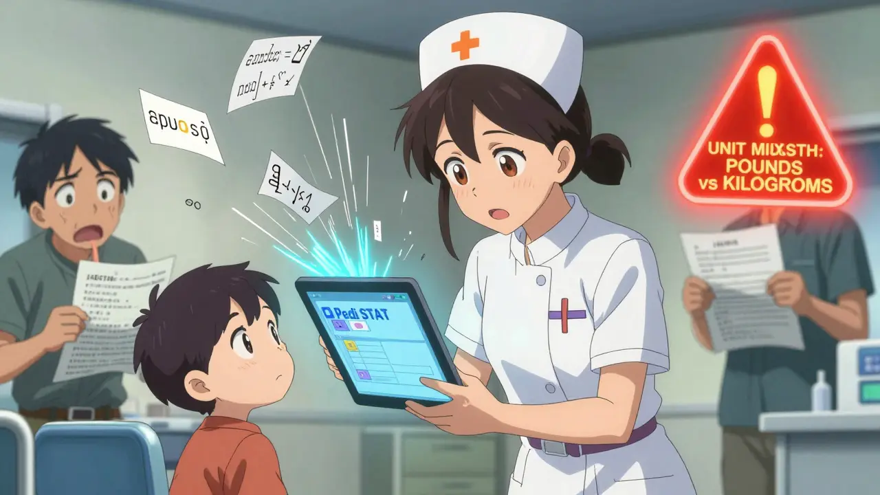 Nurse in ER receives a weight unit warning on a dosing app while a parent holds a paper chart, showing digital and analog medical systems in conflict.