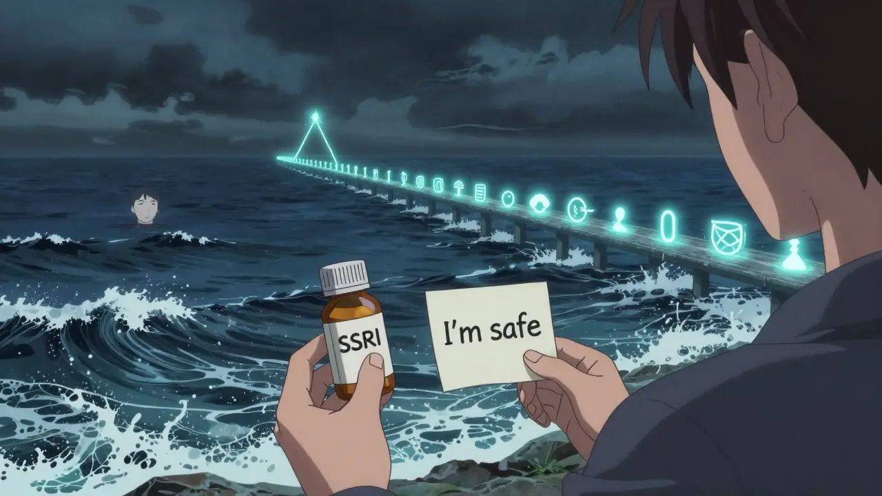 Person holding medication and grounding note, standing calmly as storm rages around them.