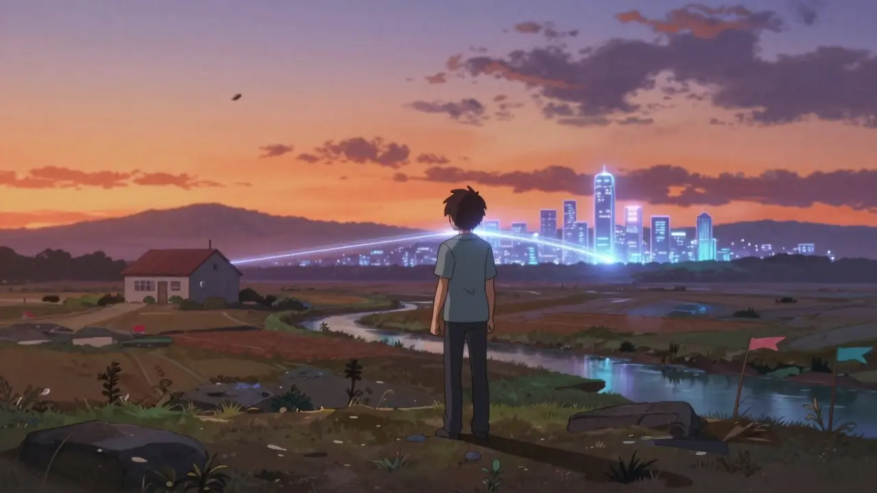 Person in rural landscape connected to city via digital network light.