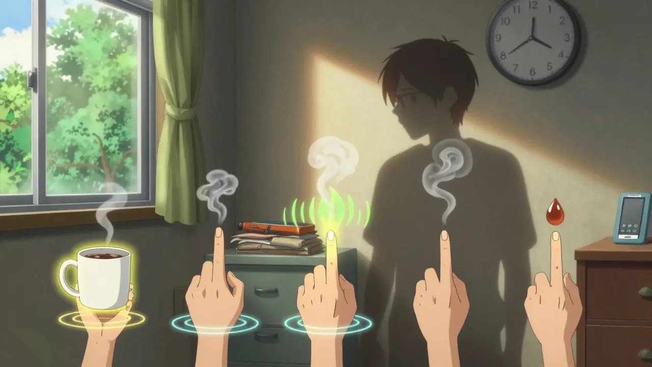 Person using 5-4-3-2-1 grounding technique as glowing objects and sensory trails surround them.