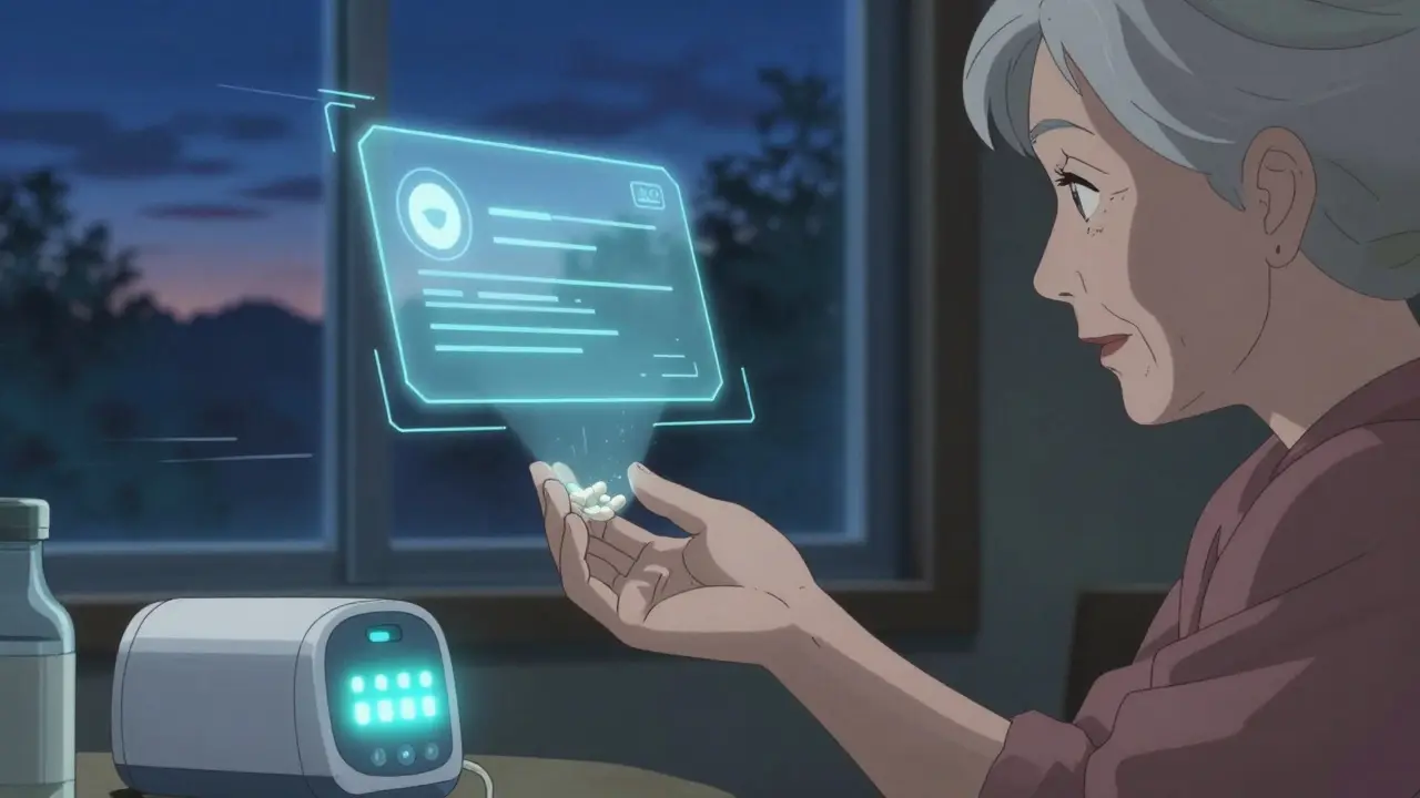Senior woman using an electronic pill dispenser with a holographic voice reminder in a softly lit room.