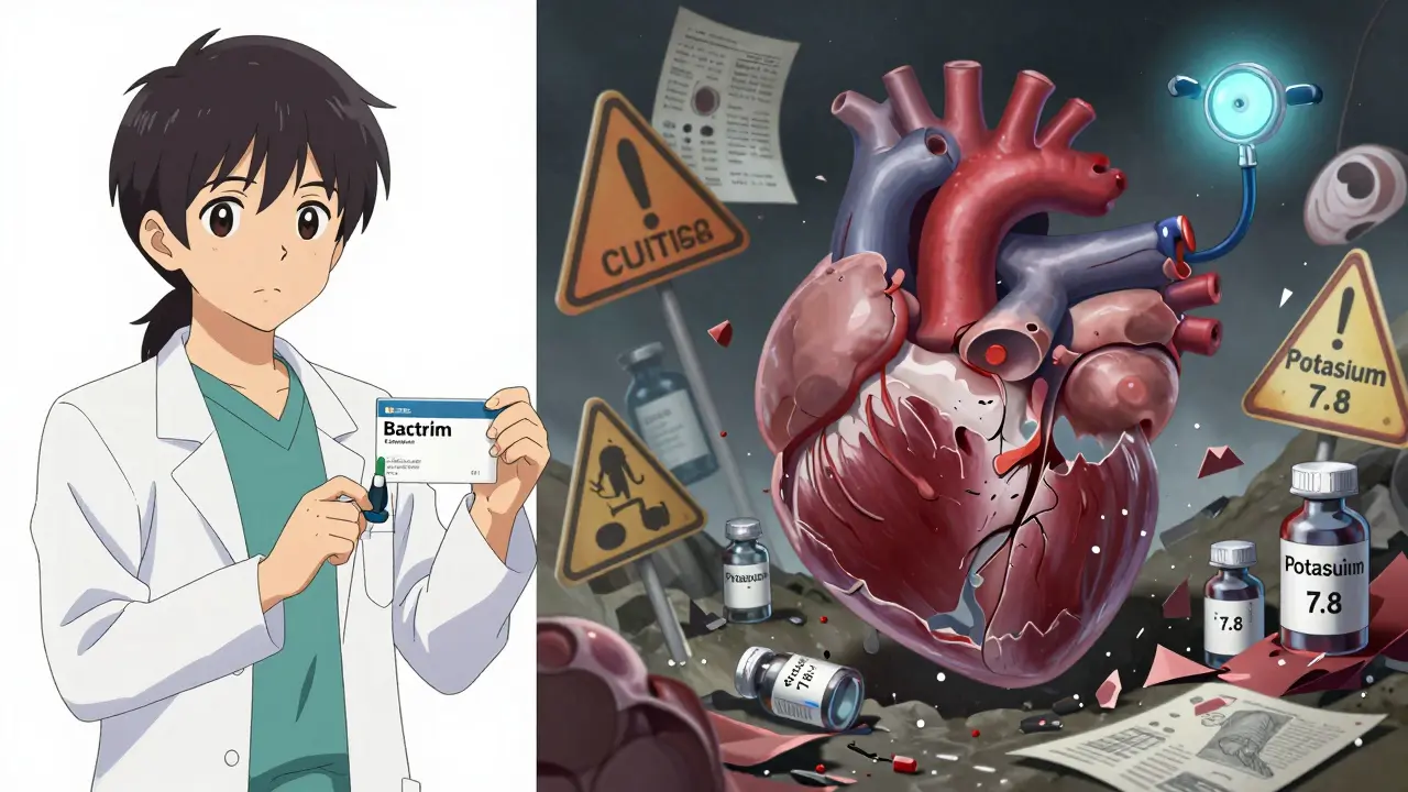 Split scene: doctor prescribing antibiotic vs. surreal heart failure scene with warning signs and shattered vials.