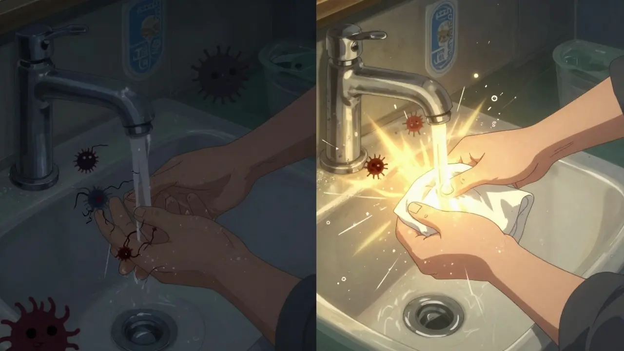 Split scene: one hand recontaminated by touching a faucet, the other clean using a paper towel, germs vanishing in light.