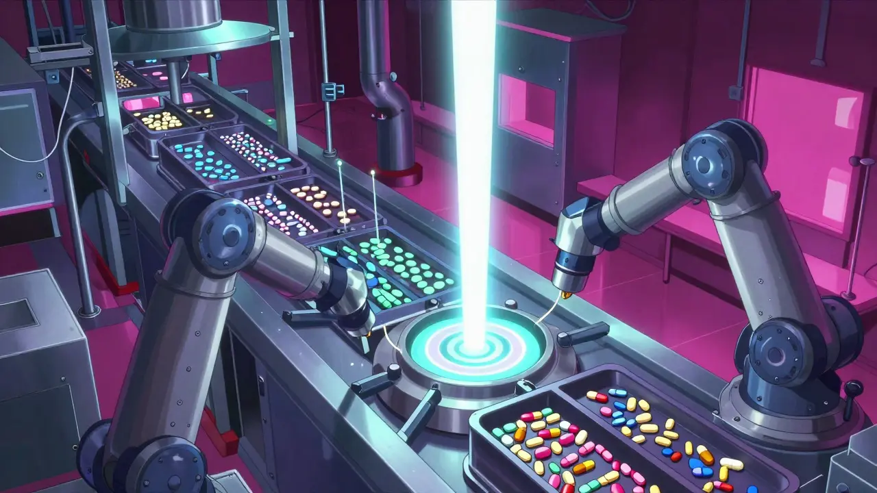 Stylized factory machines making various colored medicine tablets.